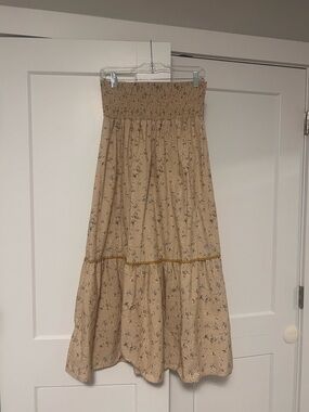 Smocked Waist Beige Floral Maxi Skirt